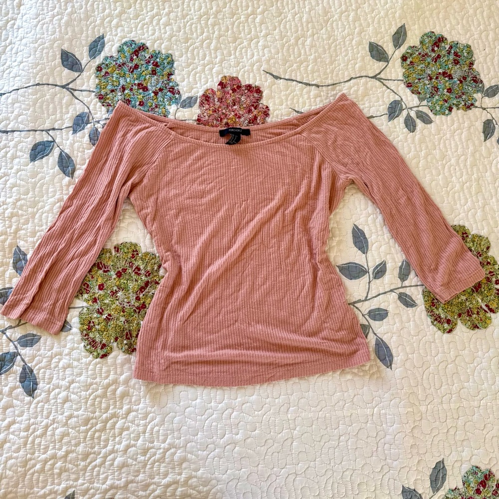 Forever 21 Ribbed Off-Shoulder Top in Dusty Rose